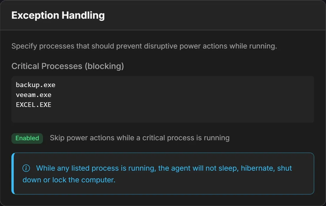 Exception Handling in Acquaintia: critical processes backup.exe, veeam.exe and EXCEL.EXE block power actions while they run.
