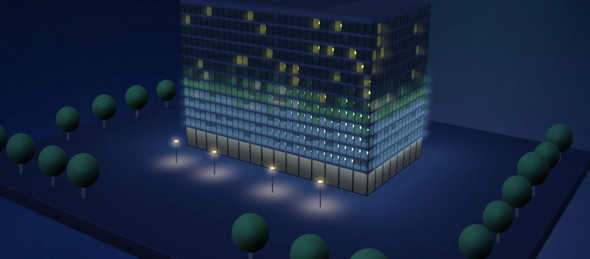 An office block at night going to sleep floor by floor: the upper floors are dark apart from a few critical machines, while the PCs on the lower floors are still lit.