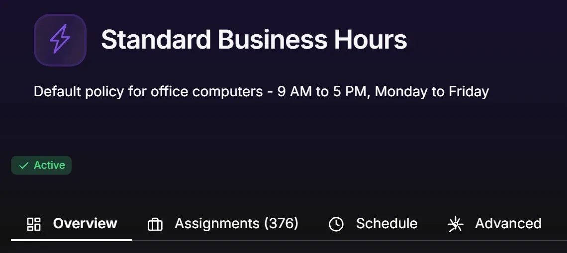 The Standard Business Hours policy in Acquaintia: default policy for office computers, 9 AM to 5 PM, Monday to Friday, marked Active.