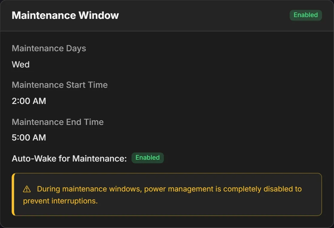 Maintenance Window, enabled: Wednesdays from 2:00 AM to 5:00 AM, with Auto-Wake for Maintenance enabled.