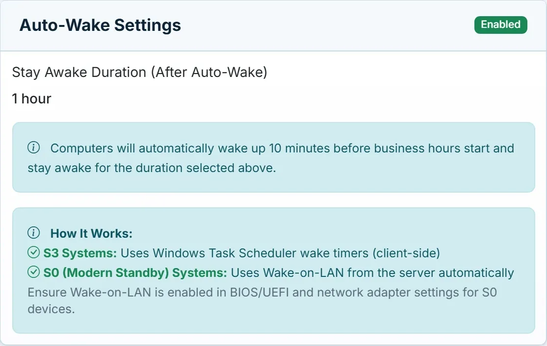 Auto-Wake Settings in Acquaintia: computers wake 10 minutes before business hours start and stay awake for one hour.