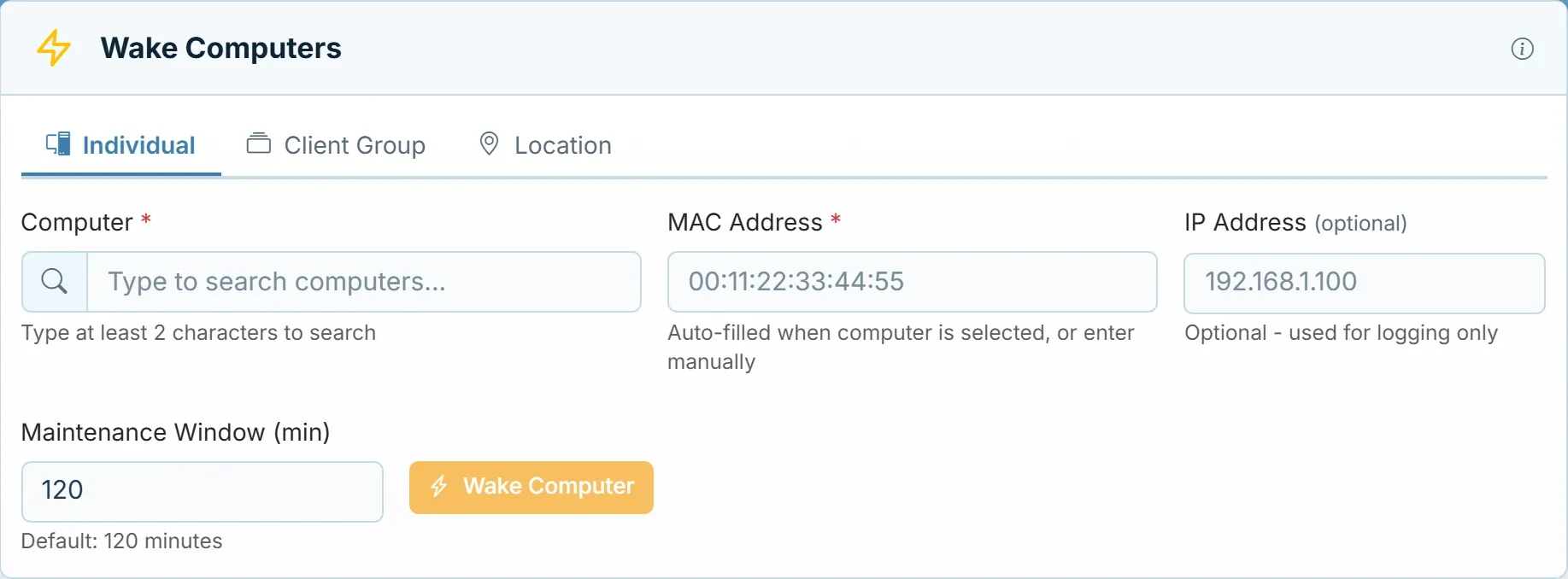 The Wake Computers form in Acquaintia: wake an individual computer, a client group or a location, by computer name and MAC address, with an optional IP address and a maintenance window in minutes.