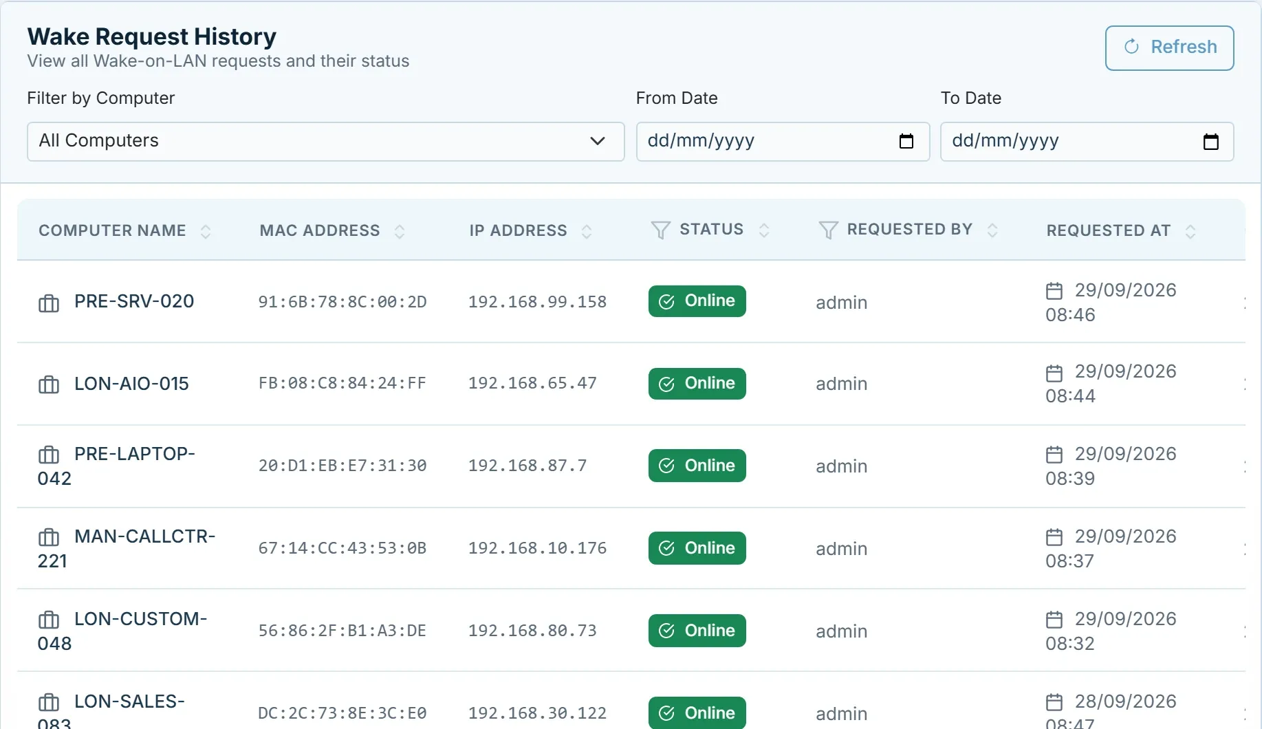 Wake Request History in Acquaintia: a list of wake requests with computer name, MAC address, IP address, status Online, requested by admin, and the date and time of each request.